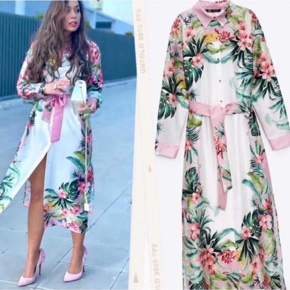 Zara Dresses & Skirts - NWT Zara Pink and Green Tropical Resort wear Beach  Floral Shirt Dress Sz XL